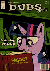 Size: 900x1273 | Tagged: safe, artist:catfood-mcfly, derpibooru import, twilight sparkle, /mlp/, 4chan, book, comic cover, crying, dubs comix, magazine cover, op is a faggot, reaction image, solo, vulgar