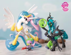 Size: 2048x1579 | Tagged: safe, princess celestia, queen chrysalis, spike, thorax, alicorn, changeling, changeling queen, dragon, pony, fan series, guardians of harmony, my little pony logo, official, toy