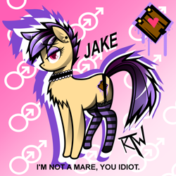 Size: 1024x1024 | Tagged: safe, artist:alexdiamondskye, oc, oc only, oc:jake-trapmare, earth pony, pony, chest fluff, choker, clothes, eyeshadow, femboy, garters, makeup, male, nymphomaniac, pink background, pink eyes, purple mane, purple underwear, socks, solo, stallion, stockings, striped socks, striped stockings, tan fur, thigh highs, trap, trapdoor, underwear