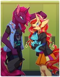 Size: 3500x4500 | Tagged: safe, artist:pastel-pony-pictures, fizzlepop berrytwist, princess ember, sunset shimmer, tempest shadow, anthro, cat, unicorn, equestria girls, armlet, backpack, badge, bell, bell collar, blushing, button, canterlot high, cat bell, clothes, collar, crack shipping, digital art, ear fluff, ear piercing, ember the cat, eye contact, female, jacket, jeans, leather jacket, lesbian, lesbian pride flag, lockers, looking at each other, mare, nose piercing, open mouth, pants, piercing, pride, pride flag, shipping, shirt, skirt, sleeveless, standing, t-shirt, tempestshimmer, transgender pride flag