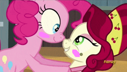 Size: 473x269 | Tagged: safe, edit, edited screencap, screencap, cherry jubilee, pinkie pie, earth pony, pony, party pooped, bedroom eyes, blush sticker, blushing, boop, cherrypie, discovery family logo, eye contact, female, grin, lesbian, ms paint, nose wrinkle, noseboop, shipping, smiling