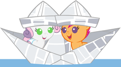 Size: 6080x3400 | Tagged: safe, artist:beavernator, scootaloo, sweetie belle, pegasus, pony, unicorn, ponyville confidential, baby, baby belle, baby pony, baby scootaloo, cute, duo, female, foal, hat, paper boat, paper hat, simple background, white background