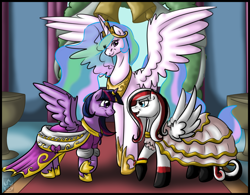 Size: 2490x1946 | Tagged: safe, artist:stormblaze-pegasus, princess celestia, twilight sparkle, twilight sparkle (alicorn), oc, oc:bridle timeout, alicorn, pony, canon x oc, female, lesbian, mare, marriage, ring, shipping, wedding, wedding ring