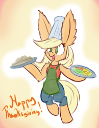 Size: 700x900 | Tagged: safe, artist:heir-of-rick, applejack, earth pony, pony, semi-anthro, daily apple pony, apron, bipedal, chef's hat, clothes, ear fluff, food, hat, impossibly large ears, thanksgiving