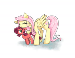 Size: 1800x1400 | Tagged: safe, artist:dreamscapevalley, fluttershy, oc, oc:apple luv, pegasus, pony, blushing, cute, eyes closed, female, floppy ears, mother and child, mother and daughter, nuzzling, offspring, parent and child, parent:big macintosh, parent:fluttershy, parents:fluttermac, shyabetes, smiling