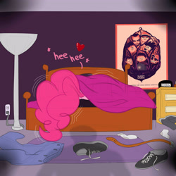 Size: 4000x4000 | Tagged: artist needed, safe, pinkie pie, human, bed, heart, hiding, imminent snuggles, implied anon, seems legit, sleepy cabin, solo