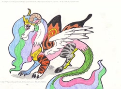 Size: 1280x937 | Tagged: safe, artist:artistnjc, princess celestia, draconequus, atg 2016, celestequus, draconequified, jewelry, newbie artist training grounds, simple background, solo, species swap, spread wings, traditional art, transformation, wings