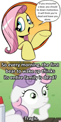 Size: 500x1000 | Tagged: safe, fluttershy, sweetie belle, pegasus, pony, bad advice fluttershy, crossing the memes, exploitable meme, fridge logic, image macro, meme, sudden clarity sweetie belle