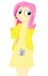 Size: 1024x1620 | Tagged: safe, artist:megaanimationfan, fluttershy, human, bashful, blushing, clothes, cute, dress, hair twirl, humanized, shy, shyabetes, simple background, white background