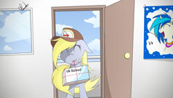 Size: 3840x2180 | Tagged: safe, artist:francis-márt, derpy hooves, dj pon-3, vinyl scratch, pegasus, pony, cloud, day, delivery pony, hat, mailmare hat, mouth hold, poster, solo