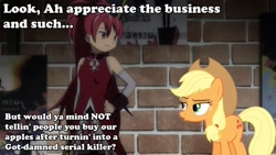 Size: 1280x720 | Tagged: safe, applejack, earth pony, pony, apple, crossover, image macro, implied apples, kyoko sakura, meme, photoshop, puella magi madoka magica, text edit, unamused