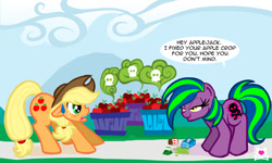 Size: 1000x600 | Tagged: safe, artist:lillykitten, applejack, oc, earth pony, pony, antagonist, poison