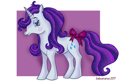 Size: 550x379 | Tagged: safe, artist:babyananas, rarity, pony, unicorn, g1, bow, g4 to g1, generation leap, solo, tail bow