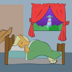 Size: 1000x1000 | Tagged: safe, artist:empyu, applejack, earth pony, pony, bed, bedroom, robbery, sleeping, stealing, ufo