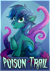 Size: 1039x1474 | Tagged: safe, artist:wolfy-nail, derpibooru import, oc, oc only, oc:poison trail, earth pony, pony, badge, looking at you, solo, tentacles, text