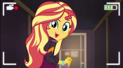 Size: 1281x705 | Tagged: safe, screencap, sunset shimmer, better together, equestria girls, cute, how to backstage, looking at you, looking back, looking back at you, open mouth, raised eyebrow, recording, selfie drone, shimmerbetes, smiling, solo