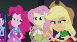 Size: 1280x714 | Tagged: safe, screencap, applejack, fluttershy, pinkie pie, twilight sparkle, twilight sparkle (alicorn), alicorn, equestria girls, rainbow rocks, bass guitar, musical instrument, tambourine