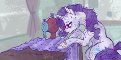 Size: 1200x600 | Tagged: safe, artist:sun-shimmer, rarity, pony, unicorn, canterlot boutique, bandaid, cloven hooves, dishevelled, glasses, messy mane, rules of rarity, scene interpretation, sewing, sewing machine, solo, tired