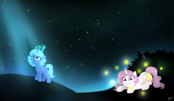 Size: 1324x768 | Tagged: safe, artist:pinkamenascratch, princess celestia, princess luna, alicorn, firefly (insect), pony, cewestia, crepuscular rays, cute, duo, filly, grin, looking up, magic, moonlight, night, open mouth, pink-mane celestia, prone, sky, smiling, squee, stars, woona, younger