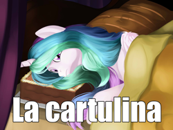 Size: 1032x774 | Tagged: safe, artist:poecillia-gracilis19, edit, princess celestia, alicorn, pony, bed, cake, cake pillow, cakelestia, food, image macro, la cartulina, meme, solo, spanish