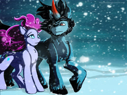 Size: 4000x3000 | Tagged: safe, artist:tai-l-rodriguez, derpibooru import, king sombra, pinkie pie, earth pony, pony, unicorn, chest fluff, lidded eyes, looking at each other, raised hoof, snow, snowfall