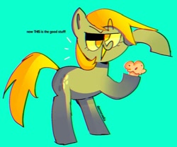 Size: 1211x1006 | Tagged: safe, artist:demonxelia, derpy hooves, pegasus, pony, bipedal, blue background, female, food, mare, muffin, signature, simple background, smiling, solo, speech bubble, that pony sure does love muffins