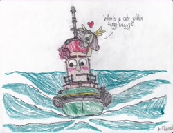 Size: 6600x5100 | Tagged: safe, artist:endlesswire94, fluttershy, pegasus, pony, absurd resolution, annoyed, blushing, boat, cross-popping veins, crossover, theodore tugboat, traditional art, tugboat