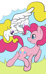 Size: 400x640 | Tagged: safe, artist:mittyke, pinkie pie, surprise, earth pony, pony, g1, backwards cutie mark, flying, g1 to g4, generation leap