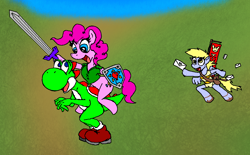 Size: 952x592 | Tagged: safe, artist:vinny_van_yiffy, derpy hooves, pinkie pie, earth pony, pony, clothes, cosplay, costume, crossover, link, super mario bros., the legend of zelda, yoshi
