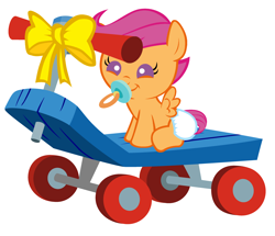 Size: 3352x2880 | Tagged: safe, artist:beavernator, scootaloo, pegasus, pony, baby, baby pony, baby scootaloo, bow, cute, cutealoo, daaaaaaaaaaaw, diaper, female, foal, happy birthday, high res, pacifier, scootalove, scooter, simple background, sitting, solo, white background