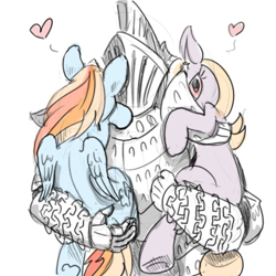 Size: 425x425 | Tagged: safe, artist:fixablom, derpibooru import, rainbow dash, oc, human, pony, anatomically incorrect, armor, crossover, cuddling, cute, dark souls, havel the rock, heart, holding a pony