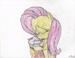 Size: 6600x5100 | Tagged: safe, artist:endlesswire94, fluttershy, fruit bat, pegasus, pony, absurd resolution, comforting, crossover, crying, fluttermom, flying fox, hug, stellaluna, traditional art