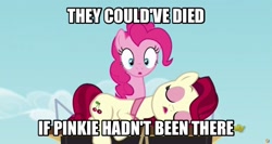 Size: 926x491 | Tagged: safe, screencap, cherry jubilee, pinkie pie, earth pony, pony, party pooped, image macro, logic, meme