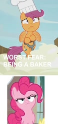 Size: 459x978 | Tagged: safe, edit, edited screencap, screencap, pinkie pie, scootaloo, earth pony, pegasus, pony, bloom and gloom, the cutie map, cropped, female, filly, foal, mare, pinkie pie is not amused, text, unamused