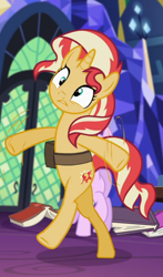 Size: 510x867 | Tagged: safe, screencap, starlight glimmer, sunset shimmer, pony, unicorn, equestria girls, mirror magic, spoiler:eqg specials, bag, bipedal, cropped, female, in the human world for too long, mare, offscreen character, saddle bag, solo focus
