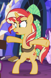 Size: 533x804 | Tagged: safe, screencap, starlight glimmer, sunset shimmer, pony, unicorn, equestria girls, mirror magic, spoiler:eqg specials, bag, bipedal, cropped, female, in the human world for too long, mare, offscreen character, open mouth, saddle bag, solo focus