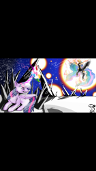 Size: 640x1136 | Tagged: safe, artist:sweetinsanitykitten, princess celestia, twilight sparkle, twilight sparkle (alicorn), alicorn, pony, fight, widescreen