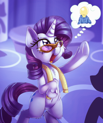 Size: 2000x2387 | Tagged: safe, artist:discorded, rarity, pony, unicorn, belly button, bipedal, carousel boutique, chest fluff, cute, glasses, idea, lightbulb, measuring tape, open mouth, raised hoof, smiling, solo, thought bubble