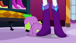 Size: 1280x720 | Tagged: safe, screencap, rarity, spike, dog, equestria girls, boots, carousel boutique, high heel boots, jewelry, spike the dog