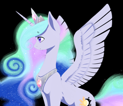 Size: 2032x1755 | Tagged: safe, artist:hikarie-katsura, princess celestia, princess luna, oc, oc only, oc:queen eclipsia, black background, fusion, profile, simple background, spread wings, wings