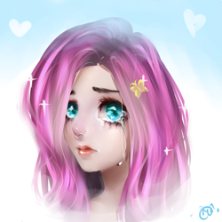 Size: 1771x1771 | Tagged: safe, artist:vanilla166, fluttershy, human, bust, crying, frown, heart eyes, humanized, lips, looking at you, portrait, solo, wingding eyes