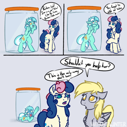 Size: 4000x4000 | Tagged: safe, artist:witchtaunter, bon bon, derpy hooves, lyra heartstrings, sweetie drops, earth pony, pegasus, pony, unicorn, asphyxiation, comic, female, jar, l.u.l.s., lewd container meme, mare, no pupils, pony in a bottle, suffocating, this will end in death, worried