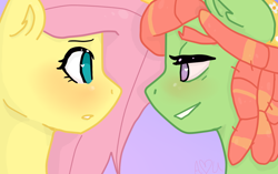 Size: 1024x642 | Tagged: safe, artist:tribop, fluttershy, tree hugger, pegasus, pony, female, flutterhugger, lesbian, shipping