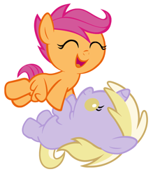 Size: 2520x2880 | Tagged: safe, artist:beavernator, dinky hooves, scootaloo, pegasus, pony, unicorn, baby, baby pony, baby scootaloo, duo, female, flying, foal, high res, scootaloo can fly, simple background, white background