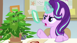 Size: 1920x1080 | Tagged: safe, screencap, phyllis, starlight glimmer, pony, unicorn, a horse shoe-in, female, magic, magic aura, mare, philodendron, potted plant, solo, telekinesis