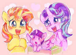 Size: 2048x1498 | Tagged: safe, artist:ch-chau, artist:osawari64, starlight glimmer, sunset shimmer, twilight sparkle, twilight sparkle (alicorn), alicorn, pony, unicorn, collaboration, baby, baby pony, babylight sparkle, blushing, box, cute, female, heart, mare, open mouth, paper bag, pink background, pony in a box, simple background, size difference, smol, trio, twiabetes, younger