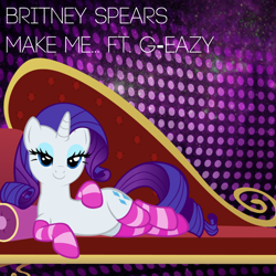 Size: 800x800 | Tagged: safe, artist:doctor-g, artist:penguinsn1fan, rarity, pony, unicorn, album, album cover, britney spears, clothes, cover, fainting couch, g-eazy, make me (song), parody, socks, solo, song reference, striped socks