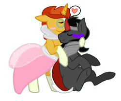 Size: 679x565 | Tagged: safe, artist:thefanficfanpony, derpibooru import, king sombra, sunburst, pony, unicorn, clothes, crossdressing, dress, gay, male, shipping, somburst