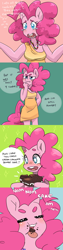 Size: 1000x4000 | Tagged: safe, artist:lucidlarceny, pinkie pie, anthro, earth pony, cake, clothes, comic, dress, female, solo, thinking