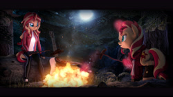 Size: 9600x5400 | Tagged: safe, artist:imafutureguitarhero, sunset shimmer, anthro, plantigrade anthro, pony, unicorn, 3d, absurd file size, absurd resolution, acoustic guitar, adidas, anthro ponidox, anthro with ponies, bacon, black bars, boots, campfire, chromatic aberration, clothes, colored eyebrows, colored eyelashes, cooking, duo, egg, embers, female, fiery shimmer, film grain, fingerless gloves, fire, floppy ears, food, forest, frying pan, gloves, glow, grass, guitar, hoodie, horn, jacket, leather boots, leather gloves, lens flare, levitation, long hair, magic, mare, meat, moon, multicolored hair, multicolored mane, multicolored tail, night, nose wrinkle, open mouth, outdoors, pants, ponies eating meat, rock, sausage, self ponidox, shirt, shoes, smiling, sneakers, socks, source filmmaker, steak, telekinesis, tracksuit, tree, wall of tags